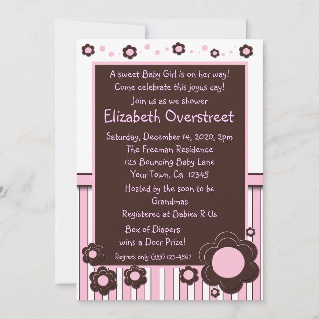 Girls Baby Pink & Modern Brown Daisy Flower Shower Invitation (Front)
