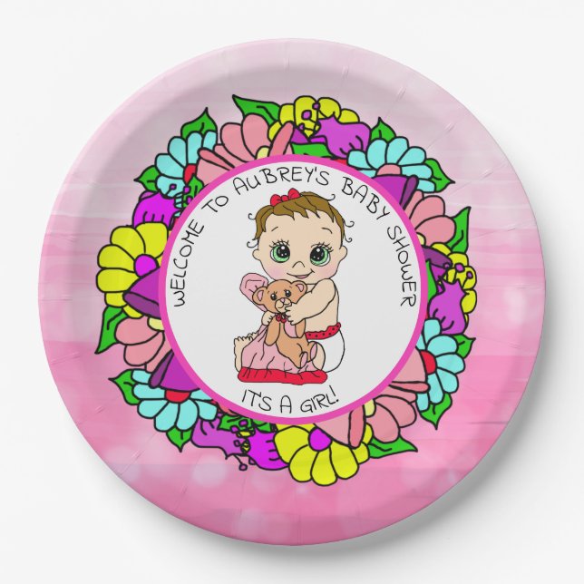 Girl's Baby Shower, Baby with Teddy Bear Paper Pla Paper Plate (Front)