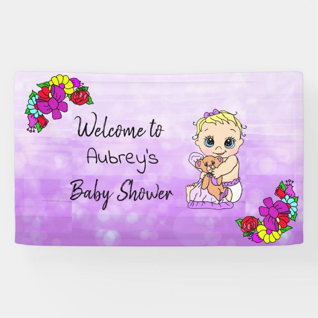 Girl's Baby Shower Banner, Baby Girl Purple Floral Banner (Horizontal)