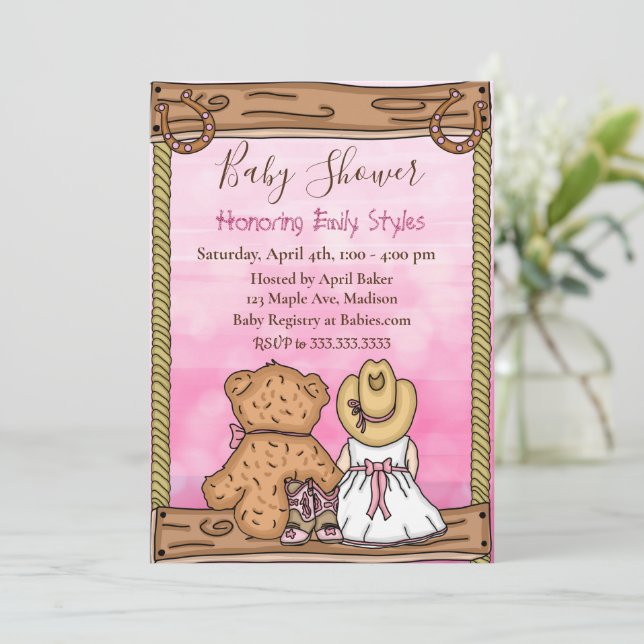 Girl's Baby Shower | Cowgirl and Teddy Bear  Invitation (Standing Front)