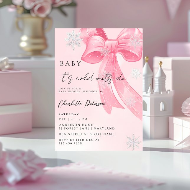 Girl's Baby Shower pine trees Winter Bow coquette Invitation (Creator Uploaded)