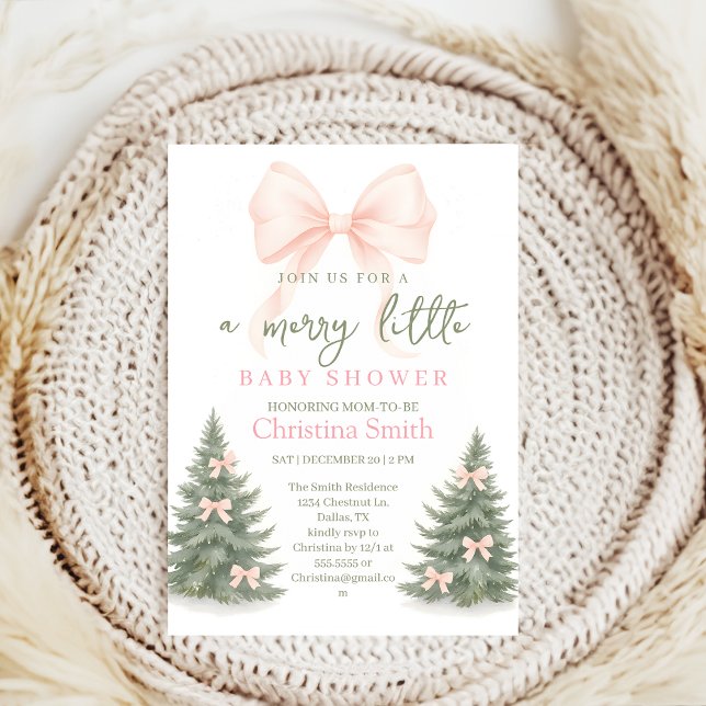 Girl's Baby Shower pine trees Winter Bow coquette Invitation (Creator Uploaded)