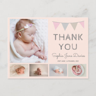 Girls baby thank you cards, mutli photo postcard