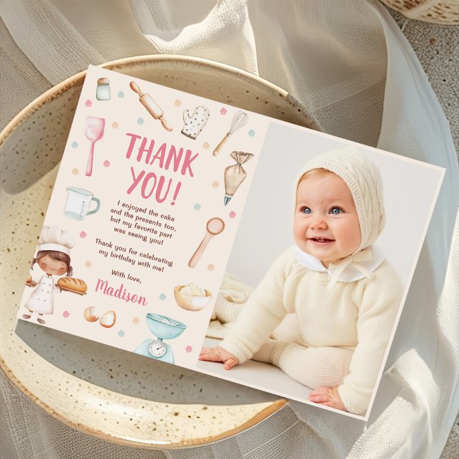 Girls Baking First Birthday Party Photo Thank You Card (Creator Uploaded)