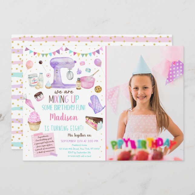 Girls Baking Party Pink Gold Cake Cupcake Birthday Invitation (Front/Back)