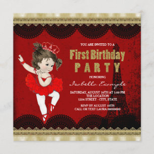 Girls Ballerina Vintage Paris First Birthday Party Invitation