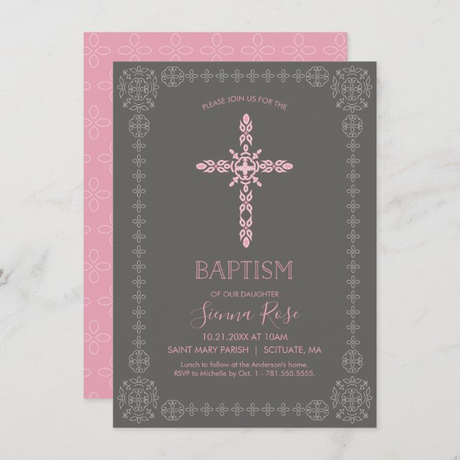 Girls Baptism, Christening Invitation w/ Cross (Front/Back)
