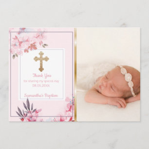 Girls Baptism Thank You Custom Photo Pink Floral Card