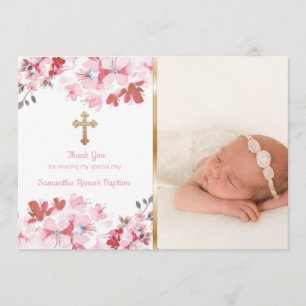 Girls Baptism Thank You Custom Photo Pink Floral Card