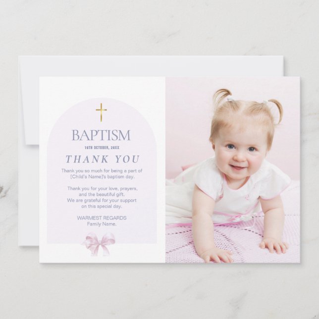 Girls Baptism Thank You with Photo, Pink Bow Theme Invitation (Front)