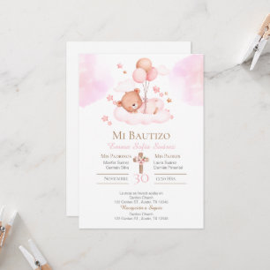 Girl's baptism with a pink bear and balloons invitation