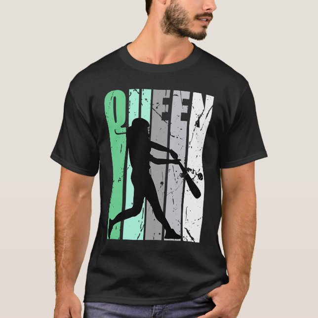 Girls Baseball Queen Softball Retro Graphic Green T-Shirt (Front)