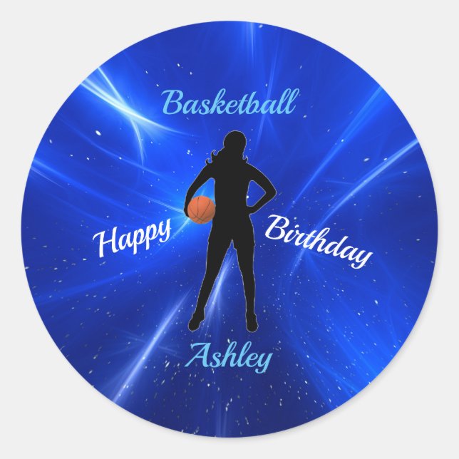 Girls Basketball Blue Birthday Classic Round Sticker (Front)
