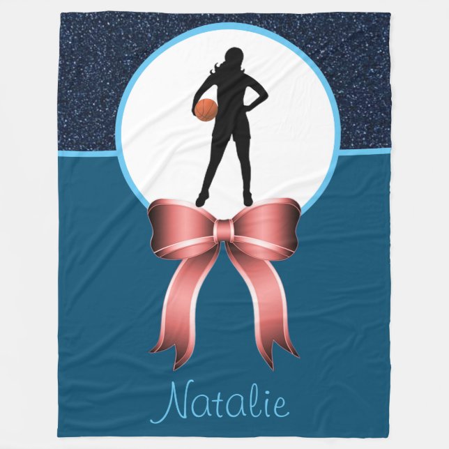 Girls Basketball Glitter and Bow Fleece Blanket (Front)