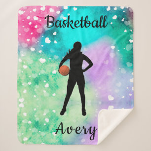 Girls Basketball Watercolor with Floating Hearts Sherpa Blanket