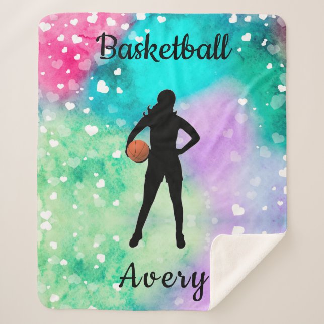 Girls Basketball Watercolor with Floating Hearts  Sherpa Blanket (Front)