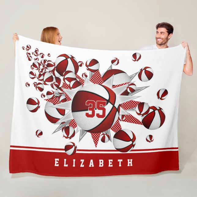 girls basketballs stars red white personalised fleece blanket (In Situ)