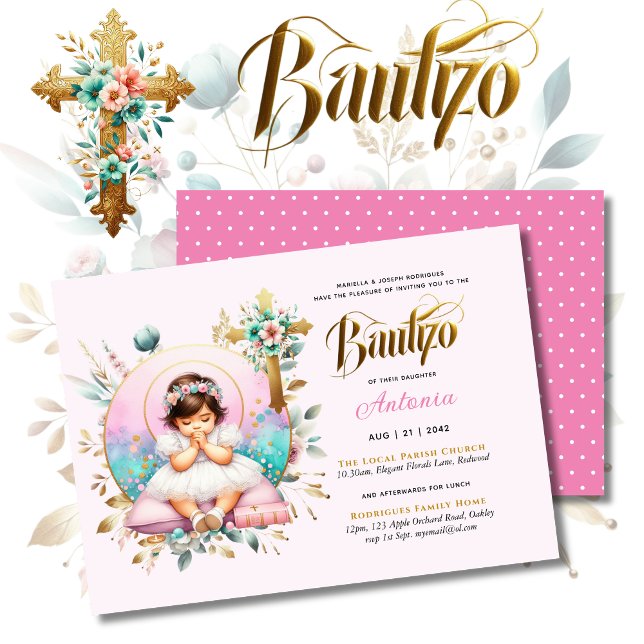 Girl's BAUTIZO Pink Gold Floral Cross Invitation (Creator Uploaded)