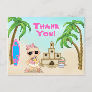 Girls Beach Baby Sandcastle, Surfboard Thank You Postcard