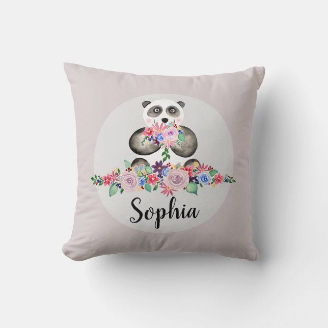 Girls Beautiful Flowers Watercolor Panda and Name Cushion (Front)