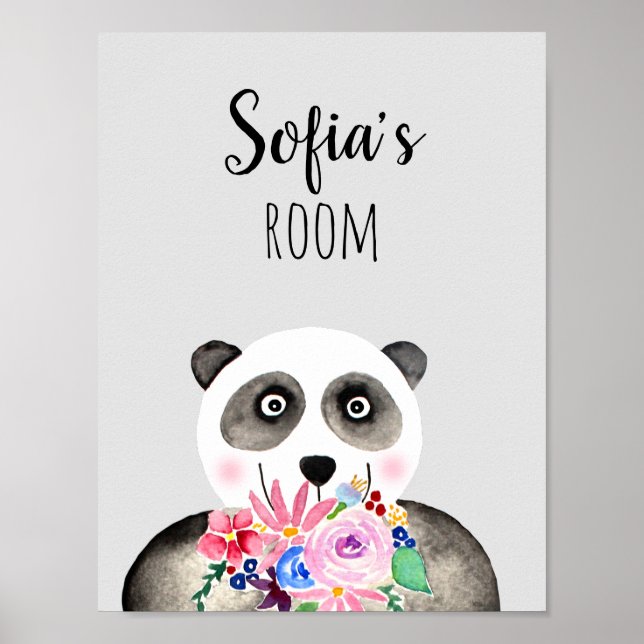 Girls Beautiful Flowers Watercolor Panda and Name Poster (Front)