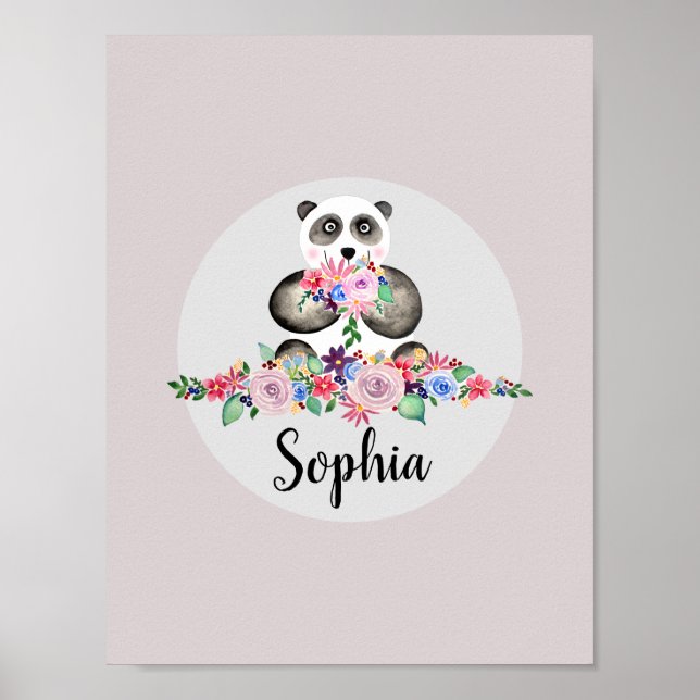 Girls Beautiful Flowers Watercolor Panda and Name Poster (Front)