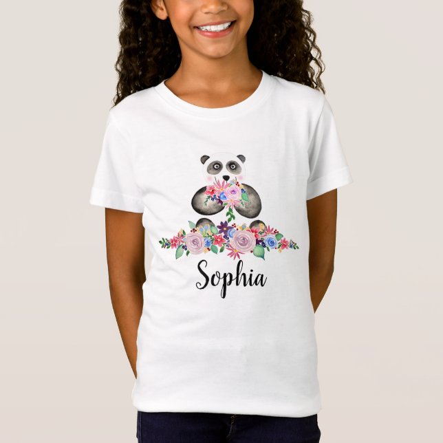 Girls Beautiful Flowers Watercolor Panda and Name T-Shirt (Front)