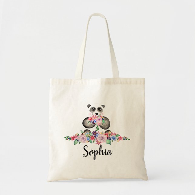 Girls Beautiful Flowers Watercolor Panda and Name Tote Bag (Front)