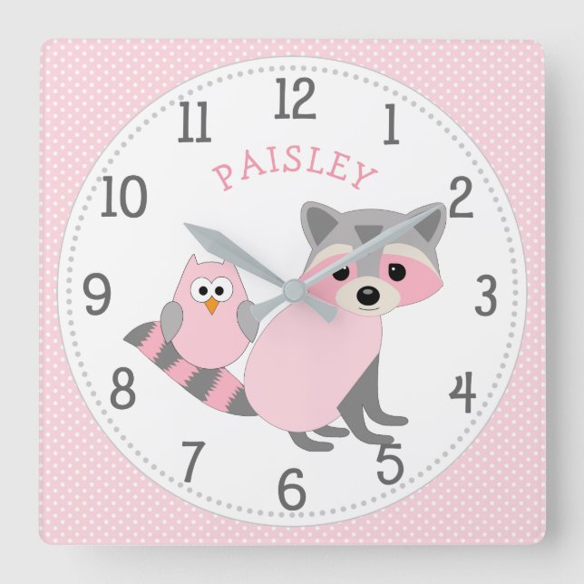 Girl's bedroom decor with name, woodland animal square wall clock (Front)