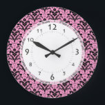 Girl's Bedroom, Salon Art Deco Pink and Black Large Clock<br><div class="desc">Elegant damask pattern. Customisable background colour. Pick exactly the shade of pink or other colour that you would like.</div>