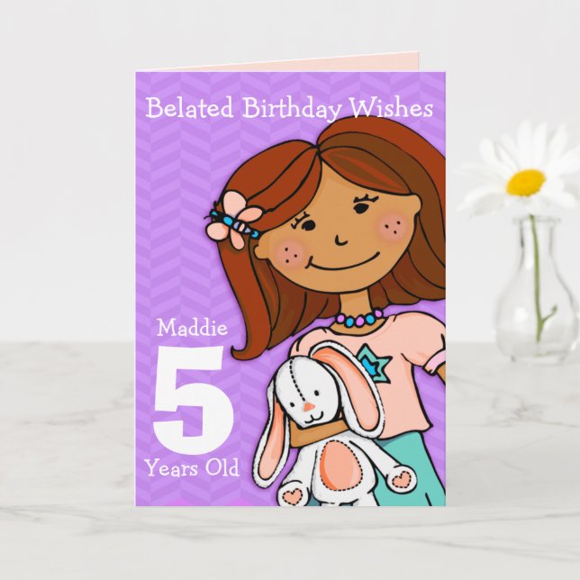 Girls belated 5th birthday girl dark hair purple card (Small Plant)