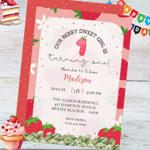 Girls Berry 1st  Birthday Strawberry Party   Invitation