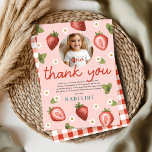 Girls Berry First Kids 1st Birthday Photo Thank You Card<br><div class="desc">This cute and whimsical girls 1st birthday thank you design features adorable pink strawberry and flower illustrations, and can be personalised with your own thank you message and your girls photo. The “berry first” design also features a matching red gingham pattern on the back. The perfect berry farm design for...</div>