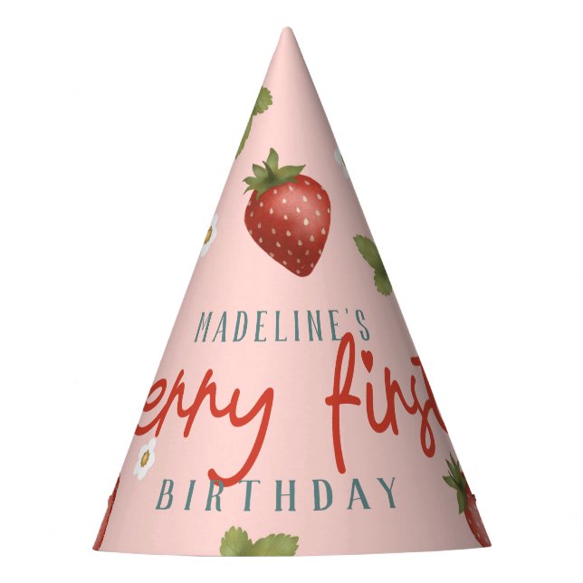 Girls Berry First Strawberry 1st Birthday Party Hat (Front)