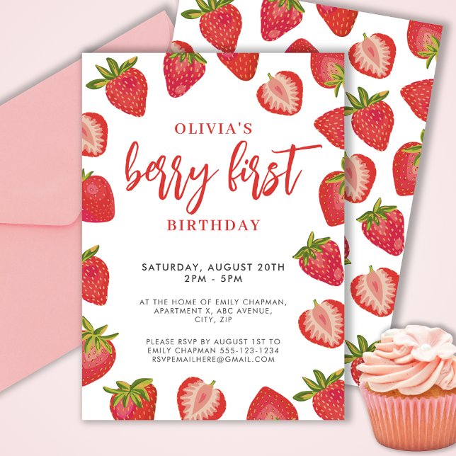 Girls Berry First strawberry birthday party Invitation (Cute girls Berry First strawberry birthday party invitation.  Customize with your own event details.)