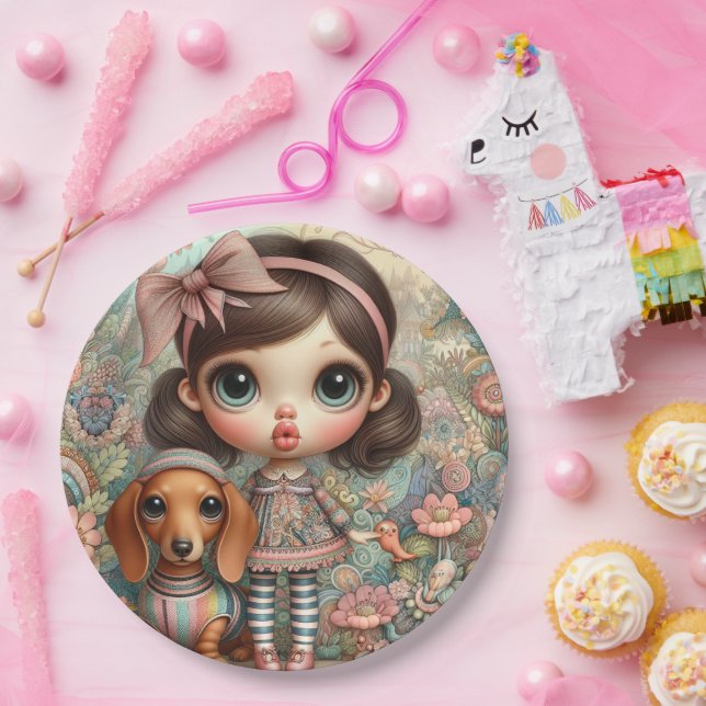 Girl's Big Eyes Dachshund Party Paper Plates (Party)