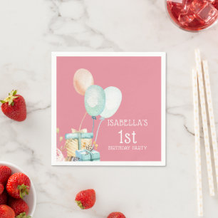 Girl's Birthday Balloons Pink Flowers & Feathers, Napkin