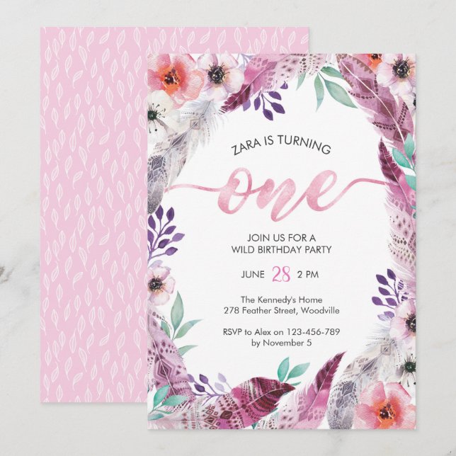 Girls Birthday Boho Invitation 1st birthday (Front/Back)