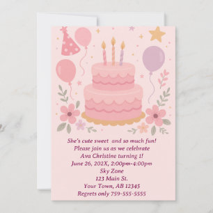 Girls Birthday Cake Party Invitation