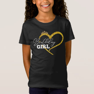 Girl's Birthday Gold Glitter Heart Crown Design T-Shirt