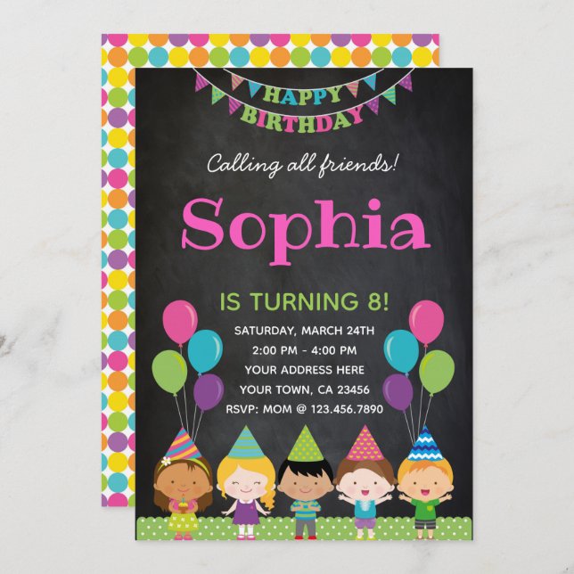 Girls Birthday Invitation Chalkboard (Front/Back)