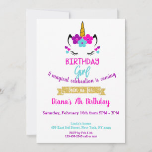 Girl's Birthday Invitation Unicorn Theme 