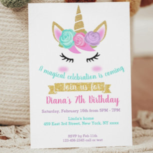 Girl's Birthday Invitation Unicorn Theme