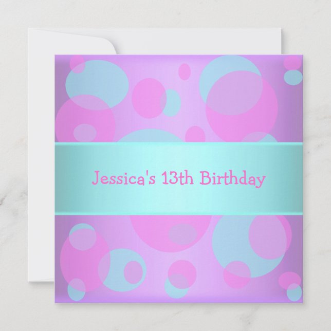 Girls Birthday Metallic Blue Purple Pink Circles Invitation (Front)