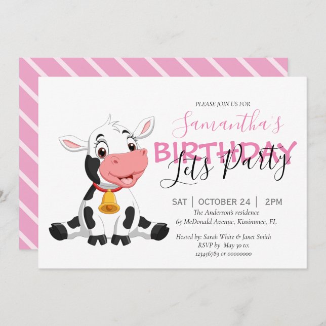 girls birthday party cow invitation (Front/Back)