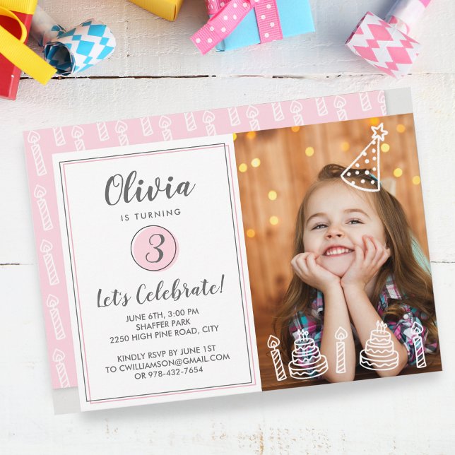 Girls Birthday Party Invitation Photo Candles Cake (Creator Uploaded)
