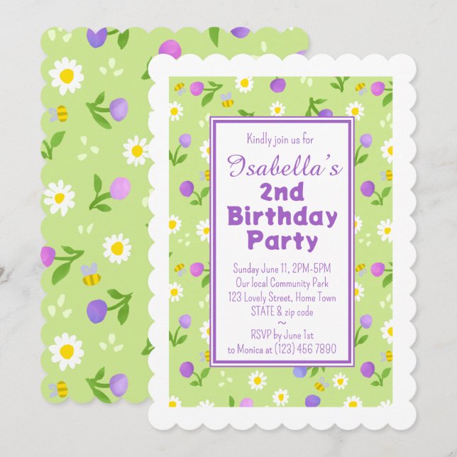 Girls birthday party invitation summer pink blooms (Front/Back)