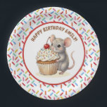 Girl's Birthday Party | Mouse & Cupcake   Paper Plate<br><div class="desc">A cute girl's birthday birthday personalized paper plates with a sweet mouse and cupcake theme. Pink,  beige and cherry red sprinkles on a cute vanilla cupcake being held by a watercolor mouse!</div>