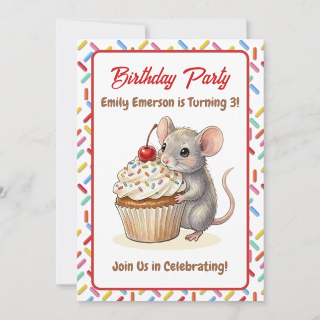 Girl's Birthday Party | Mouse & Cupcake Themed Invitation (Front)