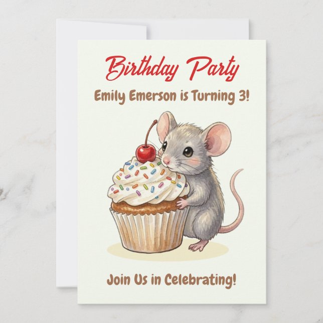 Girl's Birthday Party | Mouse & Cupcake Themed Invitation (Front)